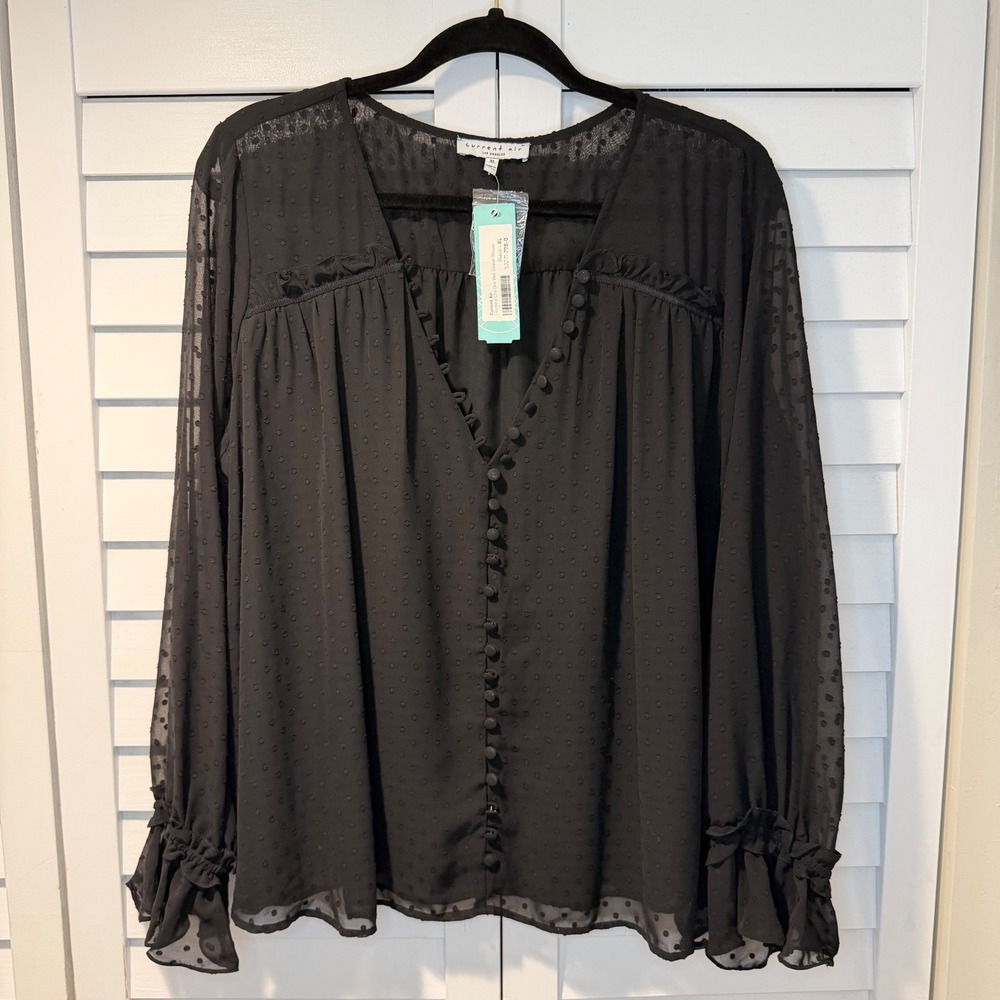 Current Air Leonora Clip Dot Bell Sleeve Blouse Black XL Button Front Sheer New